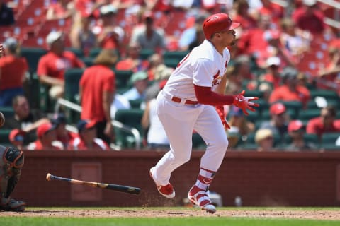 ST LOUIS, MO – JUNE 07: Luke Voit #40 of the St. Louis Cardinals hits a solo homerun in the seventh inning against the Miami Marlins at Busch Stadium on June 7, 2018 in St Louis, Missouri. (Photo by Michael B. Thomas/Getty Images)