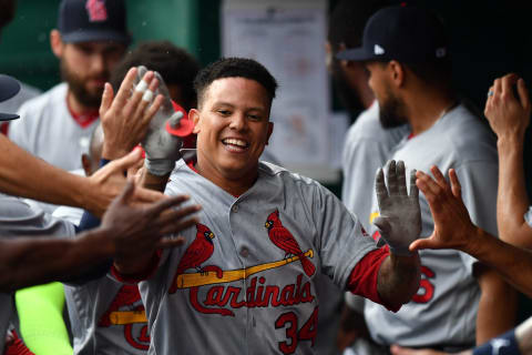 CINCINNATI, OH – JUNE 8: Yairo Munoz #34 of the St. Louis Cardinals celebrates his second inning home run against the Cincinnati Reds at Great American Ball Park on June 8, 2018 in Cincinnati, Ohio. (Photo by Jamie Sabau/Getty Images)