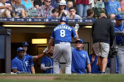 MILWAUKEE, WI – JUNE 27: Mike Moustakas #8 of the Kansas City Royals celebrates with teammates after hitting a home run in the seventh inning against the Milwaukee Brewers at Miller Park on June 27, 2018 in Milwaukee, Wisconsin. (Photo by Dylan Buell/Getty Images)