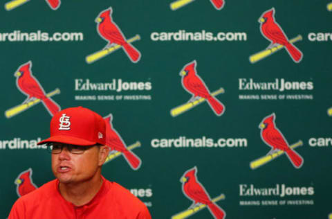 s ST. LOUIS, MO – JULY 15: Newly appointed interim manager Mike Schildt of the St. Louis Cardinal addresses the media during a press conference prior to a game between the St. Louis Cardinals and the Cincinnati Reds at Busch Stadium on July 15, 2018 in St. Louis, Missouri. (Photo by Dilip Vishwanat/Getty Images)