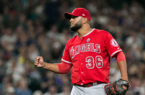 SEATTLE, WA – AUGUST 11: Yusmeiro Petit #36 of the Los Angeles Angels of Anaheim celebrates closing out the game to beat the Seattle Mariners 6-5 in the ninth inning at Safeco Field on August 11, 2017 in Seattle, Washington. (Photo by Lindsey Wasson/Getty Images)