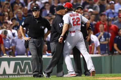 BOSTON, MA – AUGUST 16: Manager Mike Matheny of the St. Louis Cardinals is held back by Umpire Vic Carapazza before being ejected during the ninth inning at Fenway Park on August 16, 2017 in Boston, Massachusetts. (Photo by Maddie Meyer/Getty Images)