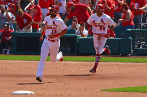 ST. LOUIS, MO – SEPTEMBER 14: Matt Carpenter #13 and Tommy Pham #28 of the St. Louis Cardinals rounds the bases after Pham hit a two-run home run against the Cincinnati Reds in the fifth inning at Busch Stadium on September 14, 2017 in St. Louis, Missouri. (Photo by Dilip Vishwanat/Getty Images)