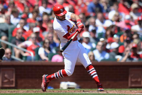 ST. LOUIS, MO – APRIL 26: Tommy Pham #28 of the St. Louis Cardinals hits a single in the fourth inning against the New York Mets at Busch Stadium on April 26, 2018 in St. Louis, Missouri. (Photo by Michael B. Thomas /Getty Images)