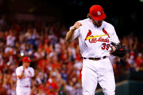 ST. LOUIS, MO – MAY 21: Miles Mikolas #39 of the St. Louis Cardinals celebrates after throwing a complete game against the Kansas City Royals at Busch Stadium on May 21, 2018 in St. Louis, Missouri. (Photo by Dilip Vishwanat/Getty Images)