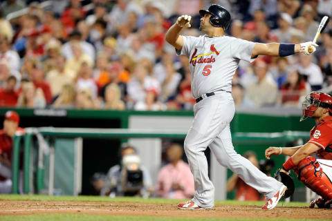 WASHINGTON – AUGUST 26: Albert Pujols #5 of the St. Louis Cardinals hits a home run in the fourth inning against the Washington Nationals at Nationals Park on August 26, 2010 in Washington, DC. It was the 400th home run of his career. (Photo by Greg Fiume/Getty Images)