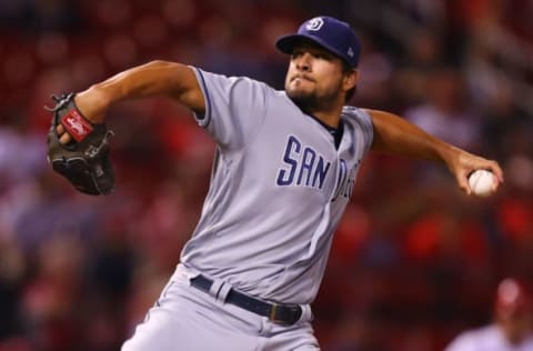 ST. LOUIS, MO – AUGUST 24: Brad Hand #52 of the San Diego Padres delivers a pitch against the St. Louis Cardinals in the ninth inning at Busch Stadium on August 24, 2017 in St. Louis, Missouri. (Photo by Dilip Vishwanat/Getty Images)