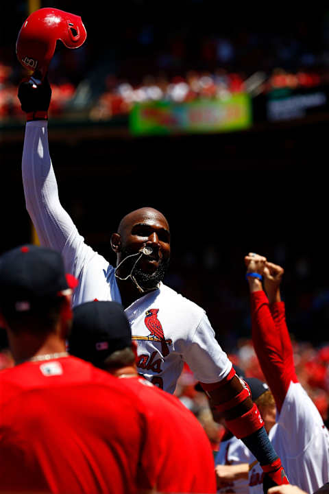 ST. LOUIS, MO – JUNE 3: Marcell Ozuna #23 of the St. Louis Cardinals acknowledges the fans after hitting a grand slam against the Pittsburgh Pirates in the first inning at Busch Stadium on June 3, 2018 in St. Louis, Missouri. (Photo by Dilip Vishwanat/Getty Images)