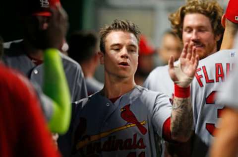 PITTSBURGH, PA – AUGUST 03: Tyler O’Neill #41 of the St. Louis Cardinals celebrates after scoring on a RBI single in the fifth inning against the Pittsburgh Pirates at PNC Park on August 3, 2018 in Pittsburgh, Pennsylvania. (Photo by Justin K. Aller/Getty Images)