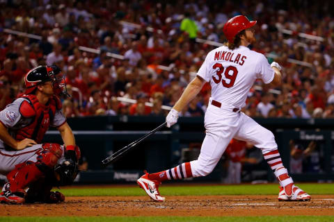 ST. LOUIS, MO – AUGUST 13: Miles Mikolas #39 of the St. Louis Cardinals hits a sacrifice RBI against the Washington Nationals fourth inning at Busch Stadium on August 13, 2018 in St. Louis, Missouri. (Photo by Dilip Vishwanat/Getty Images)