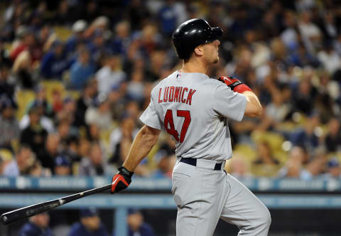 Ryan Ludwick #47 of the St. Louis Cardinals at bat against the Los Angeles Dodgers at Dodger Stadium on June 9, 2010 in Los Angeles, California. (Photo by Lisa Blumenfeld/Getty Images)