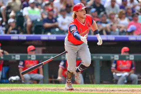 DENVER, CO – AUGUST 26: Harrison Bader #48 of the St. Louis Cardinals hits an RBI sacrifice fly ball in the sixth inning of a game against the Colorado Rockies at Coors Field on August 26, 2018 in Denver, Colorado. Players are wearing special jerseys with their nicknames on them during Players’ Weekend. (Photo by Dustin Bradford/Getty Images)