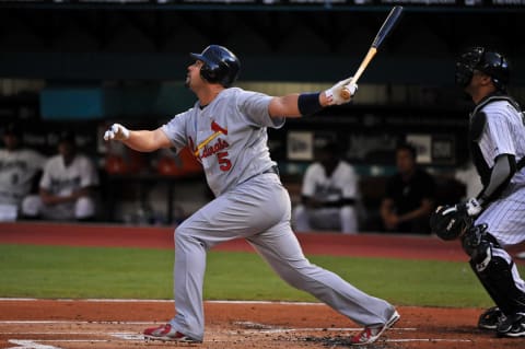 Albert Pujols #5 of the St. Louis Cardinals bats during a MLB game against the Florida Marlins at Sun Life Stadium on August 8, 2010 in Miami, Florida. Cardinals won 7-0. (Photo by Ronald C. Modra/Getty Images)