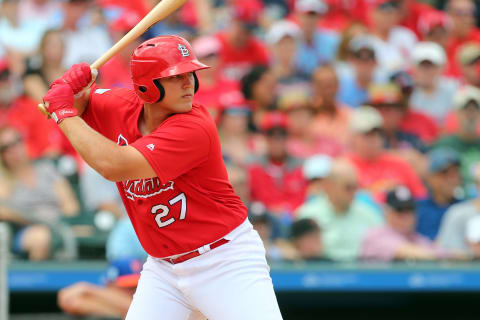 JUPITER, FL – MARCH 14: Luken Baker #27 of the St. Louis Cardinals in action against the New York Mets during a spring training baseball game at Roger Dean Stadium on March 14, 2019 in Jupiter, Florida. The game ended in 1-1 tie after nine innings of play. (Photo by Rich Schultz/Getty Images)