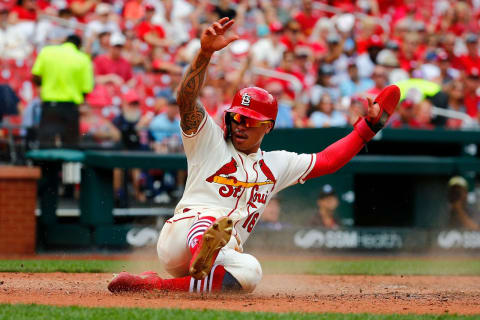 ST LOUIS, MO – AUGUST 31: Kolten Wong #16 of the St. Louis Cardinals scores a run against the Cincinnati Reds in the fourth inning during game one of a doubleheader at Busch Stadium on August 31, 2019 in St Louis, Missouri. (Photo by Dilip Vishwanat/Getty Images) ***Local Caption***