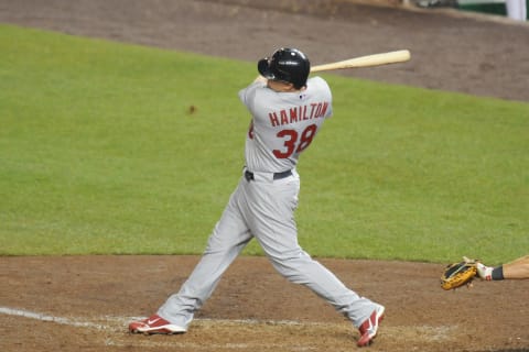 WASHINGTON, DC – JUNE 16: Mark Hamilton #38 of the St. Louis Cardinals takes a swing during a baseball game against the Washington Nationals on June 16, 2011 at Nationals Park in Washington, D.C. The Nationals won 7-4. (Photo by Mitchell Layton/Getty Images)