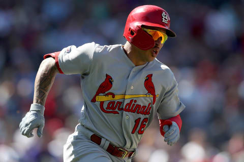 DENVER, COLORADO – SEPTEMBER 12: Kolten Wong #16 of the St Louis Cardinals runs down the baseline after hitting a double in the fourth inning against the Colorado Rockies at Coors Field on September 12, 2019 in Denver, Colorado. (Photo by Matthew Stockman/Getty Images)