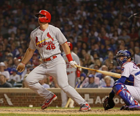 CHICAGO, ILLINOIS – SEPTEMBER 19: Paul Goldschmidt #46 of the St. Louis Cardinals hits a double in the 4th inning against the Chicago Cubs at Wrigley Field on September 19, 2019 in Chicago, Illinois. (Photo by Jonathan Daniel/Getty Images)