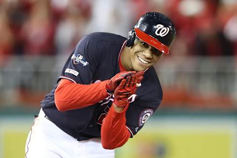 WASHINGTON, DC – OCTOBER 15: Juan Soto #22 of the Washington Nationals celebrates his RBI double in the first inning against the St. Louis Cardinals during game four of the National League Championship Series at Nationals Park on October 15, 2019 in Washington, DC. (Photo by Rob Carr/Getty Images)