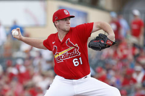 JUPITER, FL – FEBRUARY 25: Seth Elledge #61 of the St Louis Cardinals pitches in the third inning of a Grapefruit League spring training game against the Washington Nationals at Roger Dean Stadium on February 25, 2020 in Jupiter, Florida. (Photo by Joe Robbins/Getty Images)