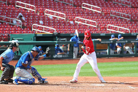 ST LOUIS, MO – JULY 22: Yadier Molina #4 of the St. Louis Cardinals is hit by a pitch against the Kansas City Royals third inning at Busch Stadium on July 22, 2020 in St Louis, Missouri. (Photo by Dilip Vishwanat/Getty Images)