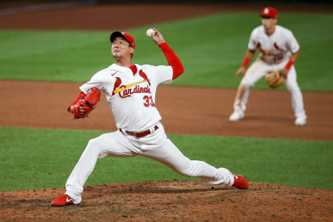 ST. LOUIS, MO – JULY 24: Kwang-Hyun Kim #33 of the St. Louis Cardinals delivers a pitch during the ninth inning of the Opening Day game against the Pittsburgh Pirates at Busch Stadium on July 24, 2020 in St. Louis, Missouri. The 2020 season had been postponed since March due to the COVID-19 pandemic. (Photo by Scott Kane/Getty Images)