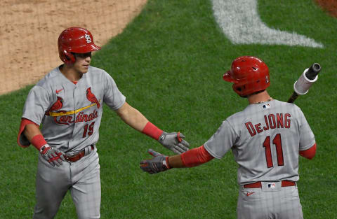 MINNEAPOLIS, MINNESOTA – JULY 28: Paul DeJong #11 of the St. Louis Cardinals congratulates teammate Tommy Edman #19 on a solo home run against the Minnesota Twins during the eighth inning of the home opener at Target Field on July 28, 2020 in Minneapolis, Minnesota. The Twins defeated the Cardinals 6-3. (Photo by Hannah Foslien/Getty Images)