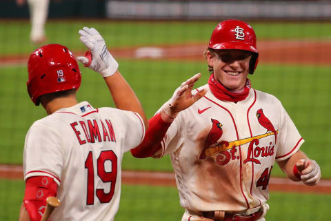 ST LOUIS, MO – AUGUST 22: Harrison Bader #48 of the St. Louis Cardinals celebrates with Tommy Edman #19 after hitting a home run against the Cincinnati Reds in the fifth inning at Busch Stadium on August 22, 2020 in St Louis, Missouri. (Photo by Dilip Vishwanat/Getty Images)