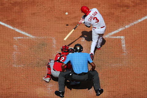 ST LOUIS, MO – AUGUST 23: Dylan Carlson #3 of the St. Louis Cardinals hits his first MLB career home run, driving in two runs against the Cincinnati Reds in the seventh inning at Busch Stadium on August 23, 2020 in St Louis, Missouri. (Photo by Dilip Vishwanat/Getty Images)