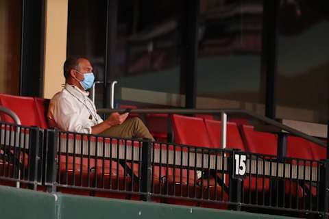 ST LOUIS, MO – AUGUST 24: John Mozeliak, President of Baseball Operations for the St. Louis Cardinals, watches a game against the Kansas City Royals at Busch Stadium on August 24, 2020 in St Louis, Missouri. (Photo by Dilip Vishwanat/Getty Images)