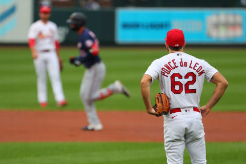 ST LOUIS, MO – SEPTEMBER 08: Daniel Ponce De Leon #62 of the St. Louis Cardinals reacts after giving up a two-run home run against the Minnesota Twins in the second inning during game two of a doubleheader at Busch Stadium on September 9, 2020 in St Louis, Missouri. (Photo by Dilip Vishwanat/Getty Images)