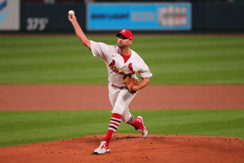 Adam Wainwright #50 of the St. Louis Cardinals pitches against the Cincinnati Reds in the first inning at Busch Stadium on September 11, 2020 in St Louis, Missouri. (Photo by Dilip Vishwanat/Getty Images)