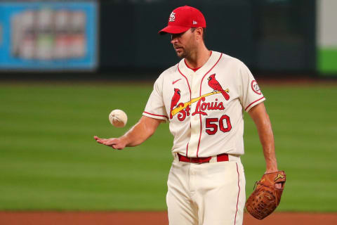 Adam Wainwright #50 of the St. Louis Cardinals uses his rosin bag after giving up back-to-back home runs against the Milwaukee Brewers in the fourth inning at Busch Stadium on September 26, 2020 in St Louis, Missouri. (Photo by Dilip Vishwanat/Getty Images)