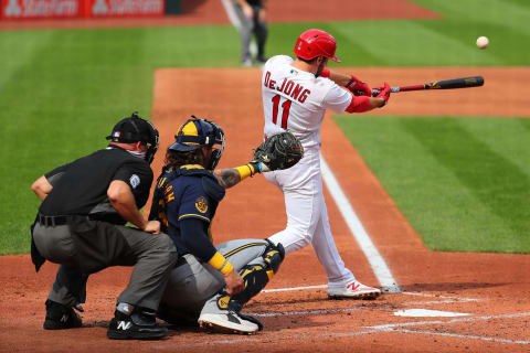 ST LOUIS, MO – SEPTEMBER 27: Paul DeJong #11 of the St. Louis Cardinals drives in a run with a single against the Milwaukee Brewers in the third inning at Busch Stadium on September 27, 2020 in St Louis, Missouri. (Photo by Dilip Vishwanat/Getty Images)