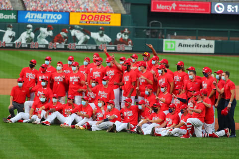 ST LOUIS, MO – SEPTEMBER 27: Members of the St. Louis Cardinals pose for a team photo after clinching a postseason berth by beating the Milwaukee Brewers at Busch Stadium on September 27, 2020 in St Louis, Missouri. (Photo by Dilip Vishwanat/Getty Images)