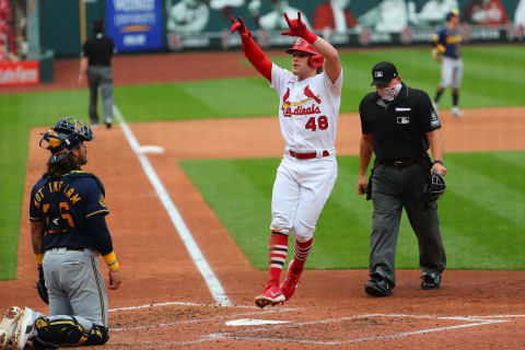 ST LOUIS, MO – SEPTEMBER 27: Harrison Bader #48 of the St. Louis Cardinals celebrates after hitting a home run against the Milwaukee Brewers in the fourth inning at Busch Stadium on September 27, 2020 in St Louis, Missouri. (Photo by Dilip Vishwanat/Getty Images)