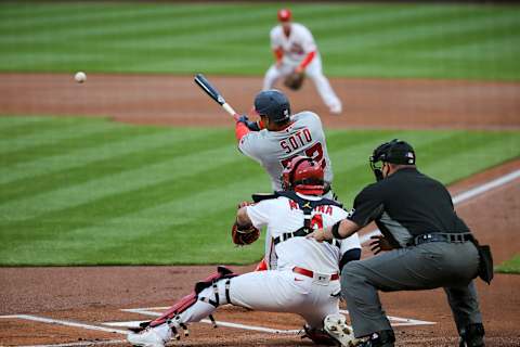 ST. LOUIS, MO – APRIL 12: Juan Soto #22 of the Washington Nationals hits a RBI single during the first inning against the St. Louis Cardinals at Busch Stadium on April 12, 2021 in St. Louis, Missouri. (Photo by Scott Kane/Getty Images)