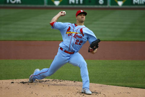 Jack Flaherty #22 of the St. Louis Cardinals pitches in the first inning against the Pittsburgh Pirates at PNC Park on May 1, 2021 in Pittsburgh, Pennsylvania. (Photo by Justin K. Aller/Getty Images)