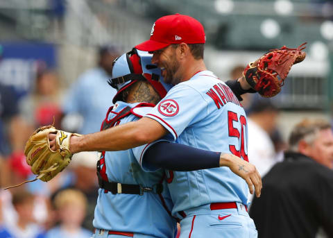 Adam Wainwright #50 of the St. Louis Cardinals celebrates at the conclusion of game one of a doubleheader against the Atlanta Braves at Truist Park on June 20, 2021 in Atlanta, Georgia. (Photo by Todd Kirkland/Getty Images)