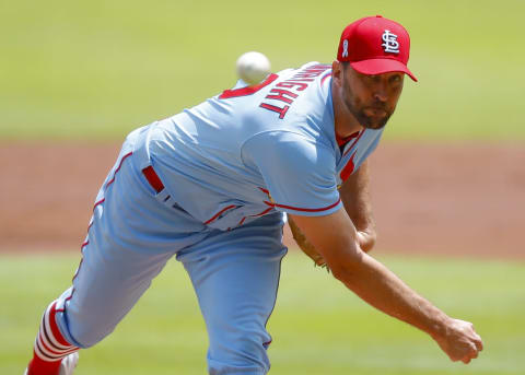 Adam Wainwright #50 of the St. Louis Cardinals pitches in the first inning of game one of a doubleheader against the Atlanta Braves at Truist Park on June 20, 2021 in Atlanta, Georgia. (Photo by Todd Kirkland/Getty Images)