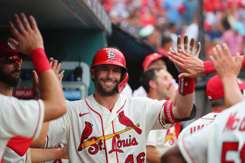 ST LOUIS, MO – JUNE 26: Paul Goldschmidt #46 of the St. Louis Cardinals celebrates after hitting a home run against the Pittsburgh Pirates in the fifth inning at Busch Stadium on June 26, 2021 in St Louis, Missouri. (Photo by Dilip Vishwanat/Getty Images)