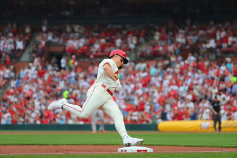 Tyler O’Neill #27 of the St. Louis Cardinals rounds third base after hitting a home run against the San Francisco Giants in the second inning at Busch Stadium on July 17, 2021 in St Louis, Missouri. (Photo by Dilip Vishwanat/Getty Images)