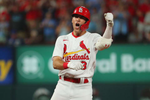 Dylan Carlson #3 of the St. Louis Cardinals celebrates after hitting an RBI double against the Chicago Cubs in the seventh inning at Busch Stadium on July 21, 2021 in St Louis, Missouri. (Photo by Dilip Vishwanat/Getty Images)