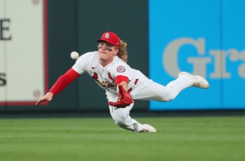 ST LOUIS, MO – JULY 22: Harrison Bader #48 of the St. Louis Cardinals catches a fly ball against the Chicago Cubs in the seventh inning at Busch Stadium on July 22, 2021 in St Louis, Missouri. (Photo by Dilip Vishwanat/Getty Images)