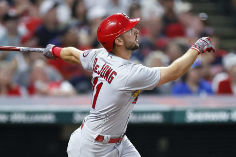 Paul DeJong #11 of the St. Louis Cardinals hits a two run home run off Bryan Shaw #27 of the Cleveland Indians during the seventh inning at Progressive Field on July 27, 2021 in Cleveland, Ohio. (Photo by Ron Schwane/Getty Images)