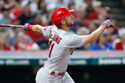 Paul DeJong #11 of the St. Louis Cardinals hits a two run home run off Bryan Shaw #27 of the Cleveland Indians during the seventh inning at Progressive Field on July 27, 2021 in Cleveland, Ohio. (Photo by Ron Schwane/Getty Images)