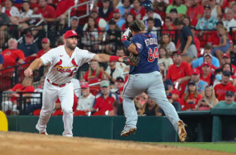 ST LOUIS, MO – JULY 30: Paul Goldschmidt #46 of the St. Louis Cardinals attempts to apply a tag on Willians Astudillo #64 of the Minnesota Twins in the sixth inning at Busch Stadium on July 30, 2021 in St Louis, Missouri. (Photo by Dilip Vishwanat/Getty Images)