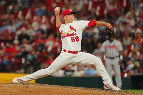 ST LOUIS, MO – AUGUST 04: Ryan Helsley #56 of the St. Louis Cardinals delivers a pitch against the Atlanta Braves in the sixth inning at Busch Stadium on August 4, 2021 in St Louis, Missouri. (Photo by Dilip Vishwanat/Getty Images)