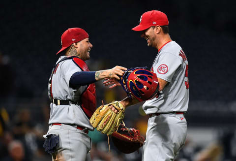 Yadier Molina #4 after pitching a complete game and defeating the Pittsburgh Pirates 4-0 at PNC Park on August 11, 2021 in Pittsburgh, Pennsylvania. (Photo by Joe Sargent/Getty Images)