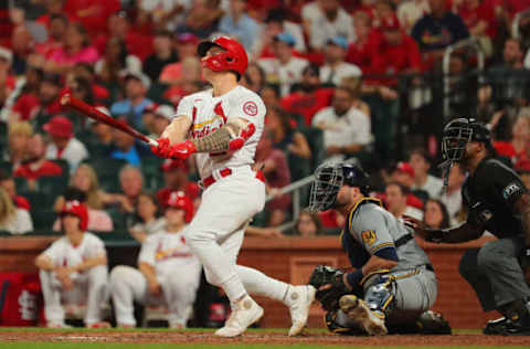 ST LOUIS, MO – AUGUST 19: Tyler O’Neill #27 of the St. Louis Cardinals hits a three-run home run against the Milwaukee Brewers in the fifth inning at Busch Stadium on August 19, 2021 in St Louis, Missouri. (Photo by Dilip Vishwanat/Getty Images)